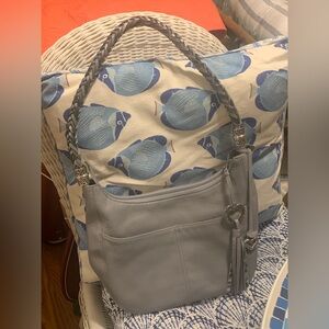 Beautiful Brighton gray leather purse with braided strap and heart fringe tassel